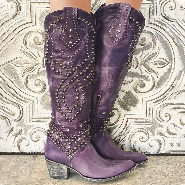 Bottes hautes au style rock – similicuir effet vieilli – détails à rivets – talon épais – zip latéral