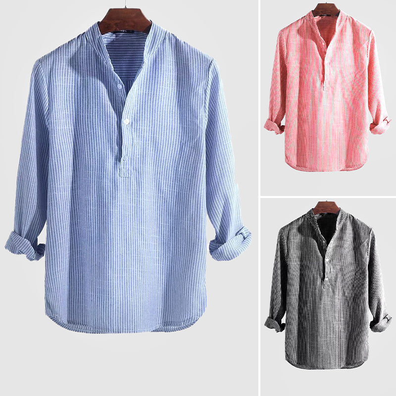 Chemise à col tunisien à manches longues à rayures pour homme