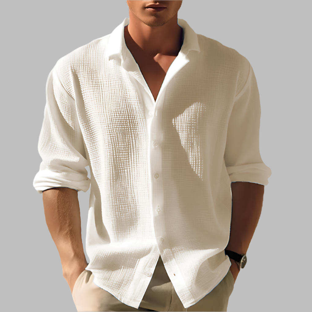 Chemise en coton-lin texturée à col pour homme