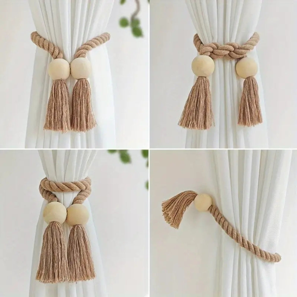 Embrasses de rideaux avec perles en bois et pompons | lot de 2