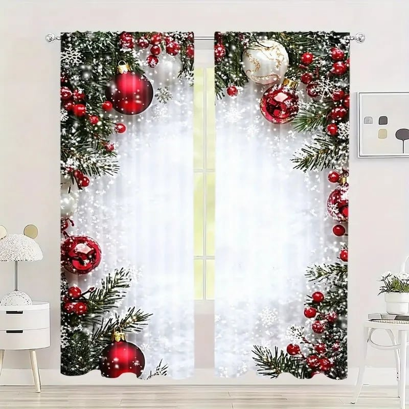 Ensemble de rideaux de fenêtre de Noël à motif festif en polyester