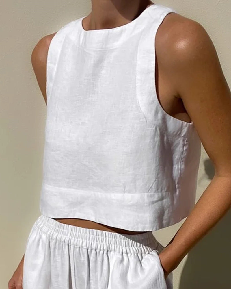 Ensemble deux pièces femme top court sans manches et pantalon large