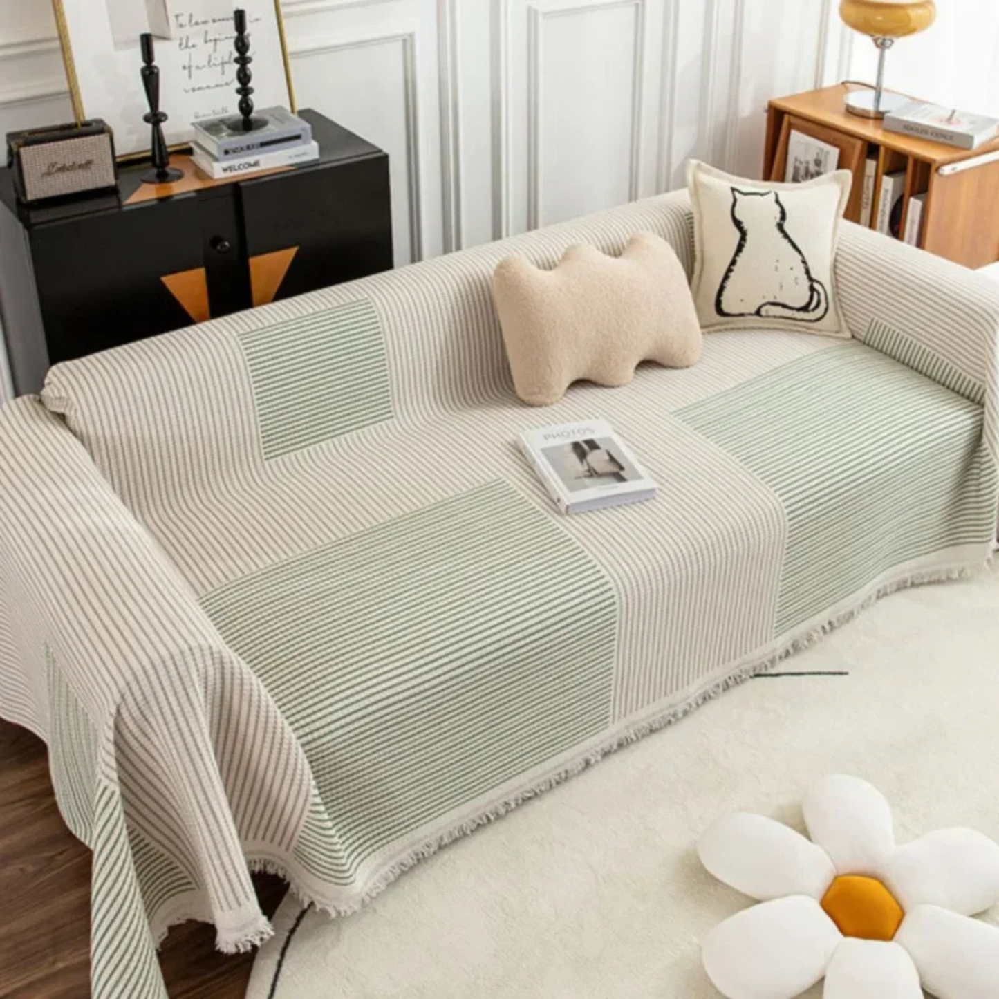 Jeté de canapé style scandinave à bordure frangée