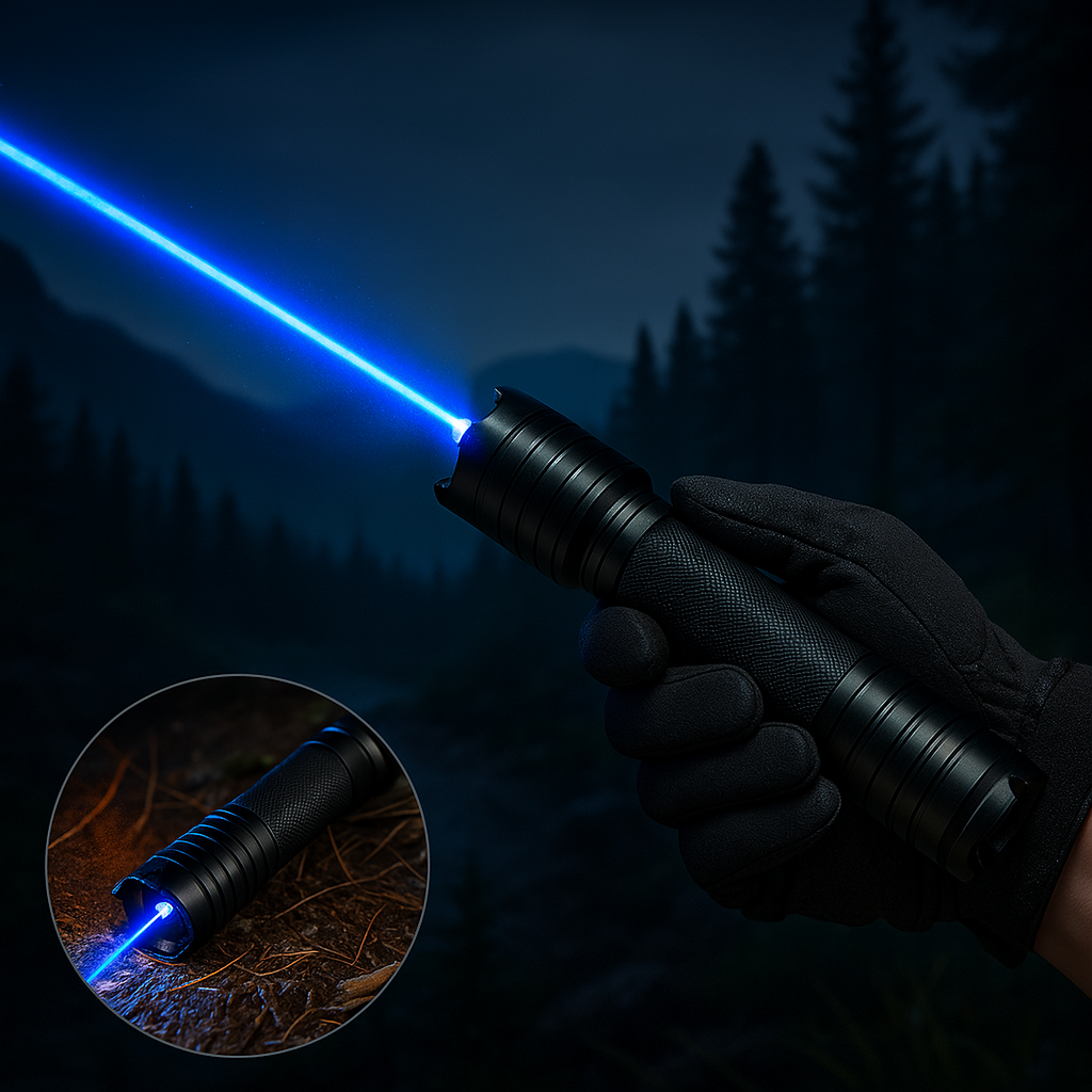 Lampe torche laser à faisceau bleu, sortie optique haute intensité 450 nm, portée tactique 5000 m+, corps en aluminium à focalisation réglable, capable d’allumage thermique