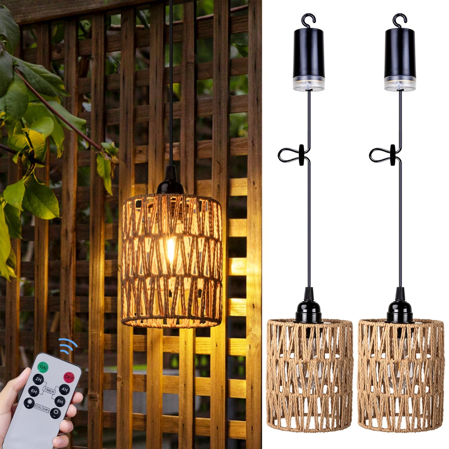 Lustre à piles, suspension à piles, lampe en rotin avec ampoule à lumière blanc chaud, alimentée par 4 piles AA, pour tonnelle, pergola, porche, patio, décoration intérieure et extérieure