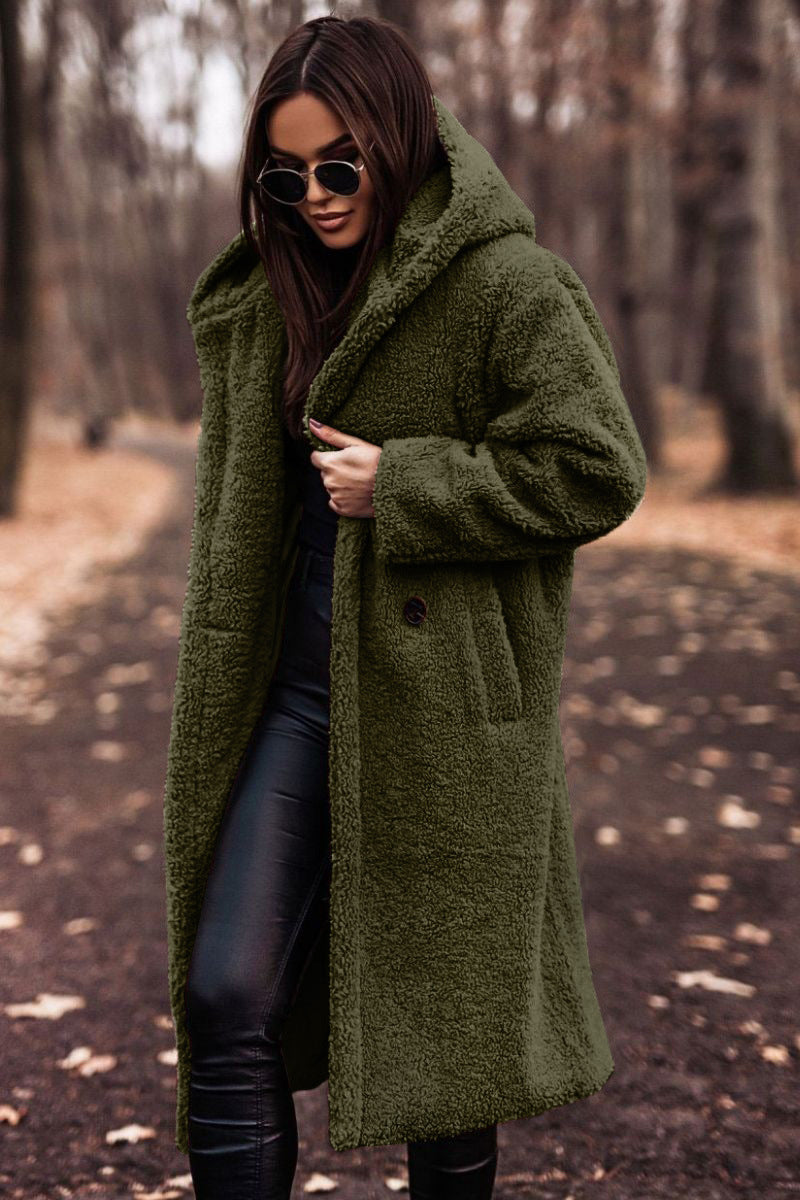 Manteau long en peluche à capuche pour femme