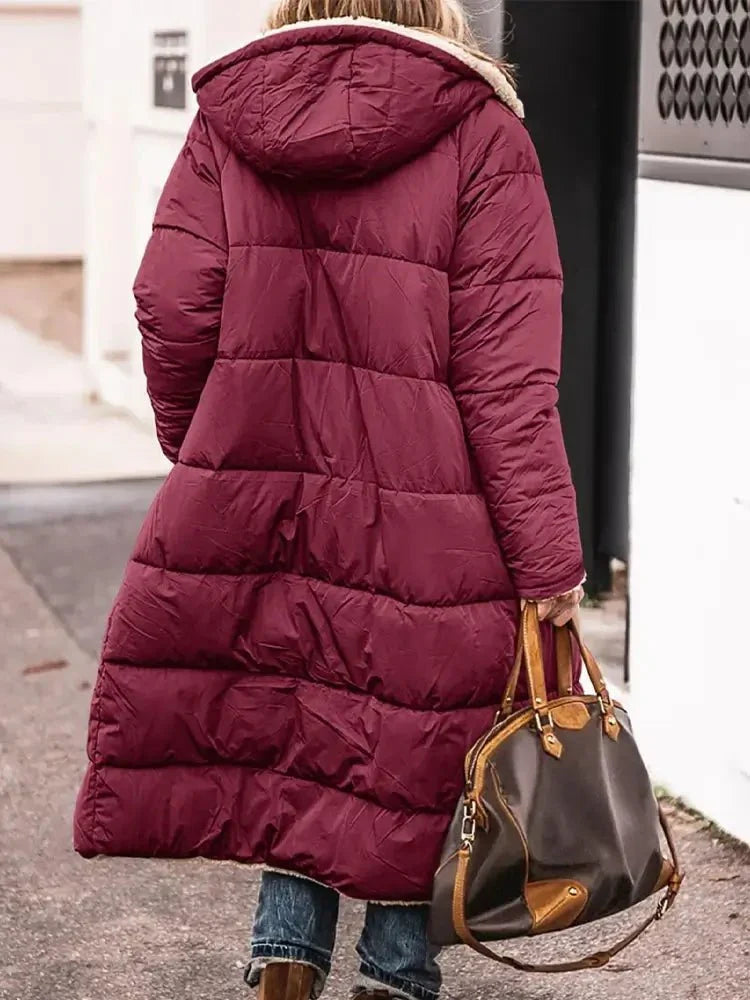 Manteau long en polaire réversible à capuche – chaleur et style pour l’hiver