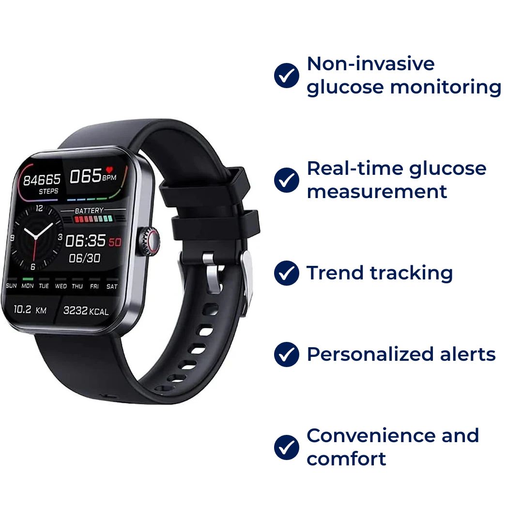 Montre connectée de glycémie non invasive – suivi en temps réel, suivi des tendances et alertes personnalisées