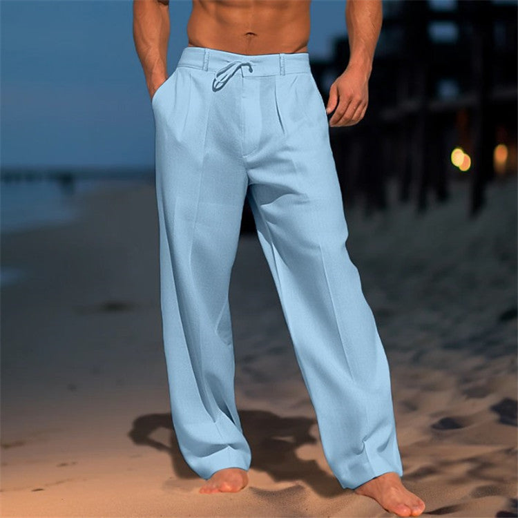 Pantalon homme à pinces, jambe large, taille à cordon de serrage, coupe décontractée