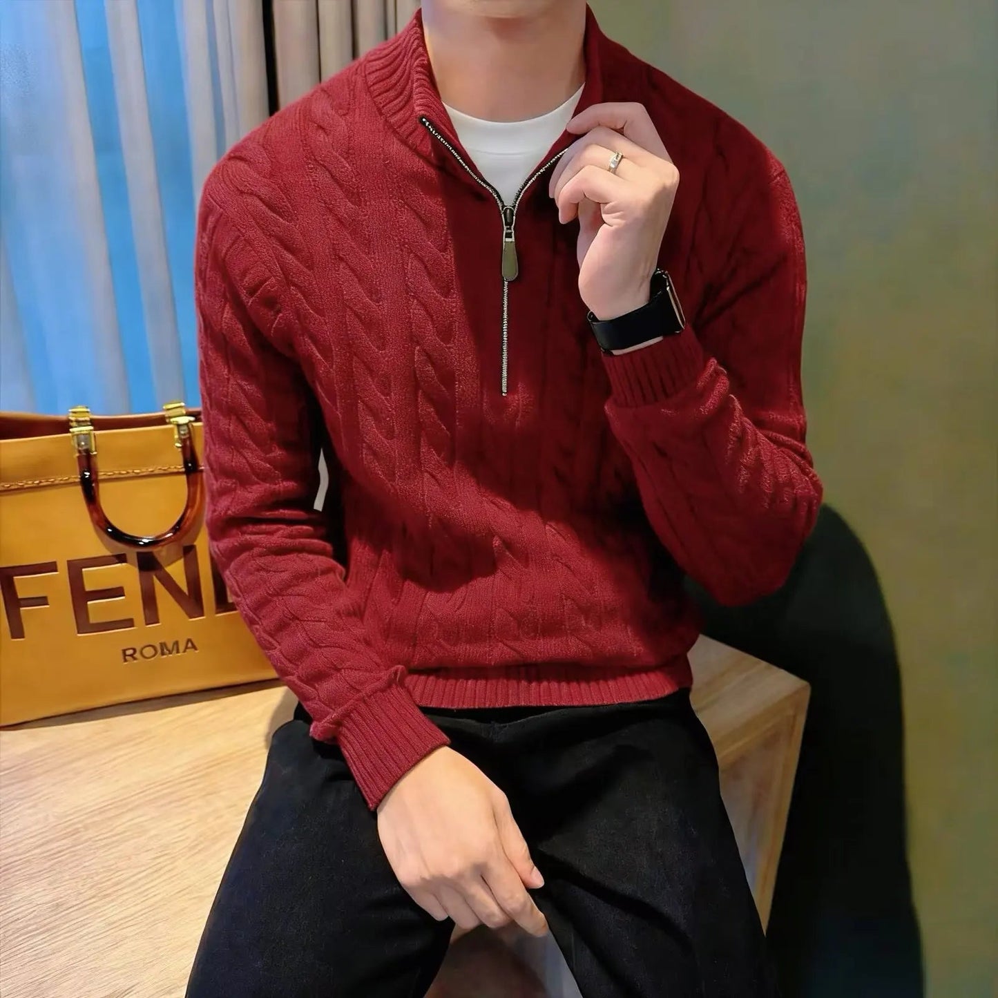 Pull à torsades zippé pour homme