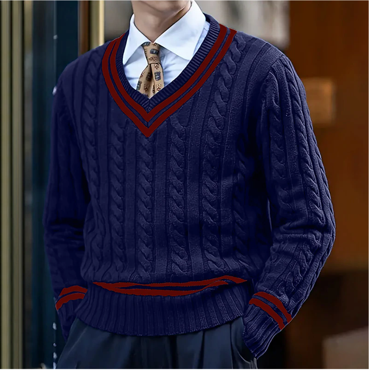 Pull col en V en maille torsadée pour homme