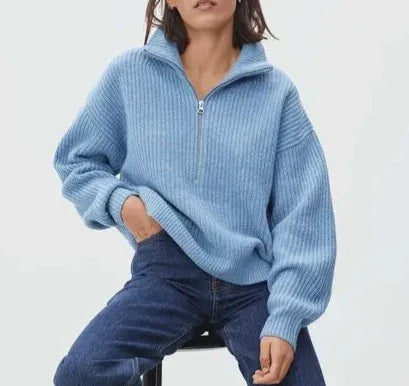 Pull femme à col montant zippé 1/4, manches longues
