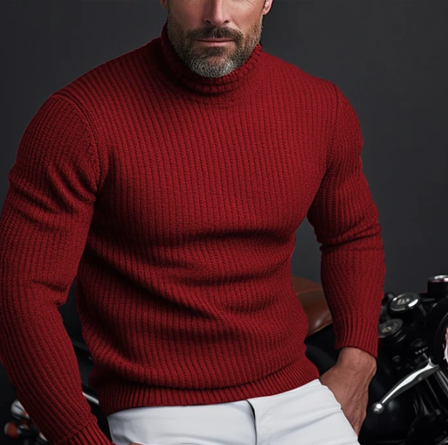Pull homme à col roulé en maille côtelée, coupe ajustée