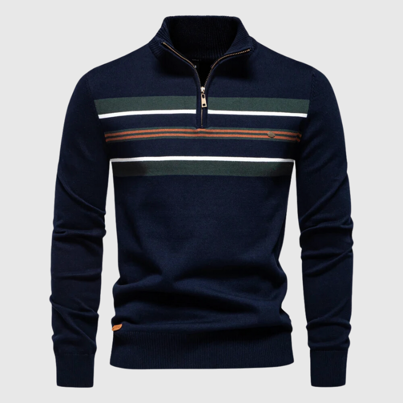 Pull homme à col zippé 1/4 à rayures