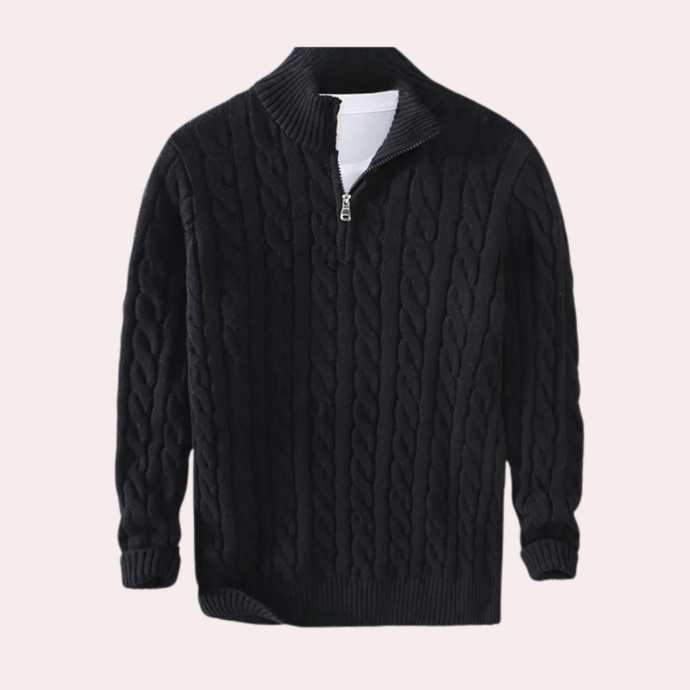 Pull homme à col zippé 1/4 en maille torsadée