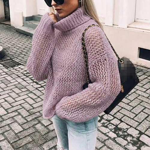 Pull oversize à col roulé en grosse maille pour femme