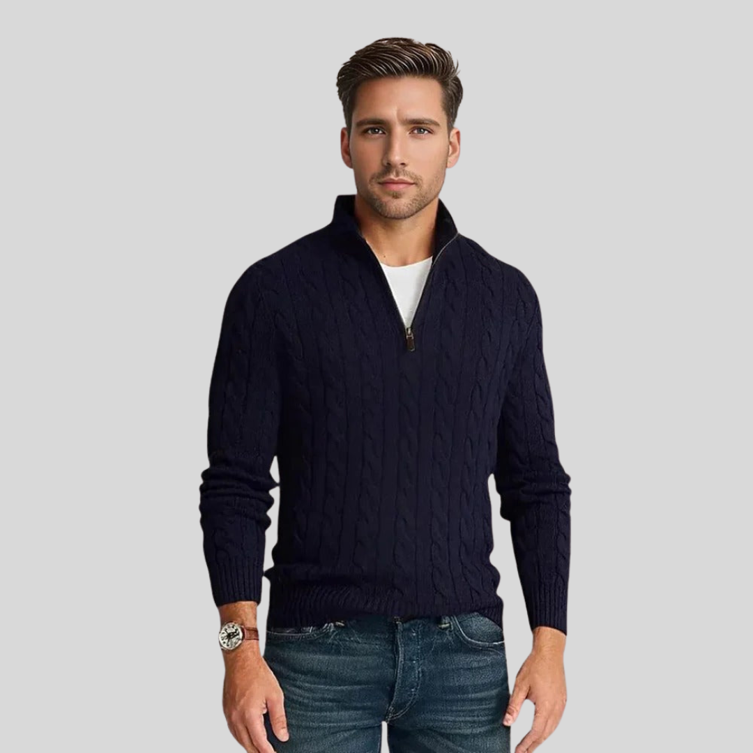 Pull zippé 1/4 en maille torsadée pour homme