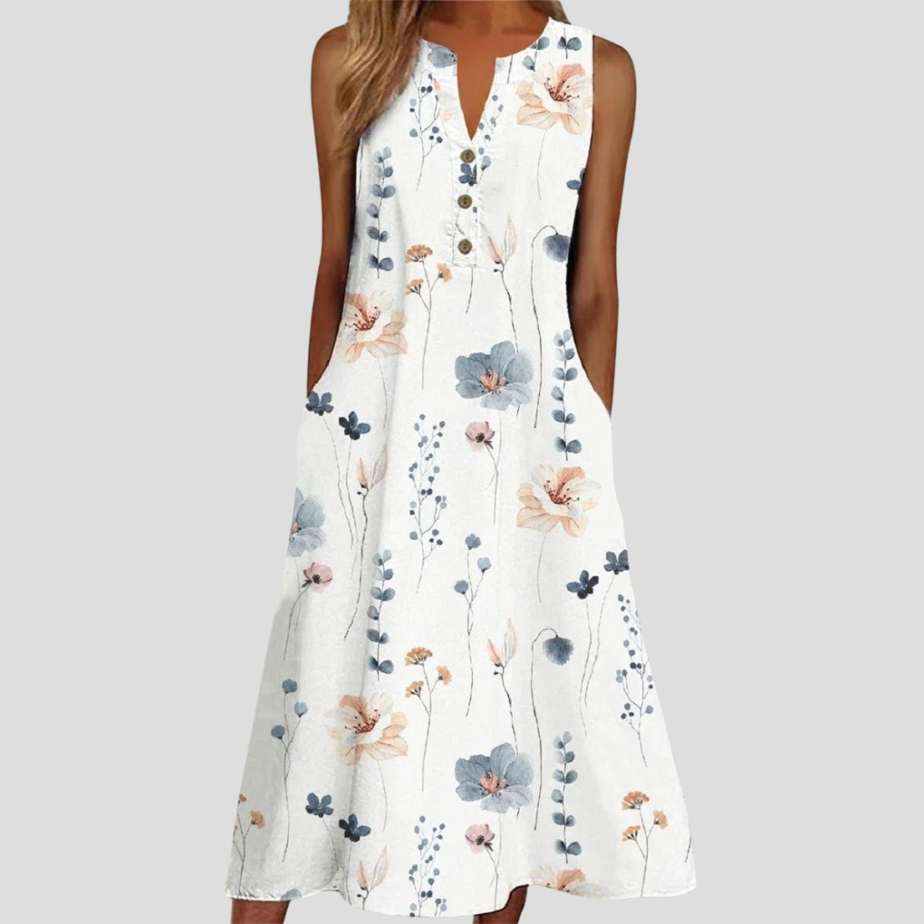 Robe blanche sans manches à fleurs avec décolleté en V