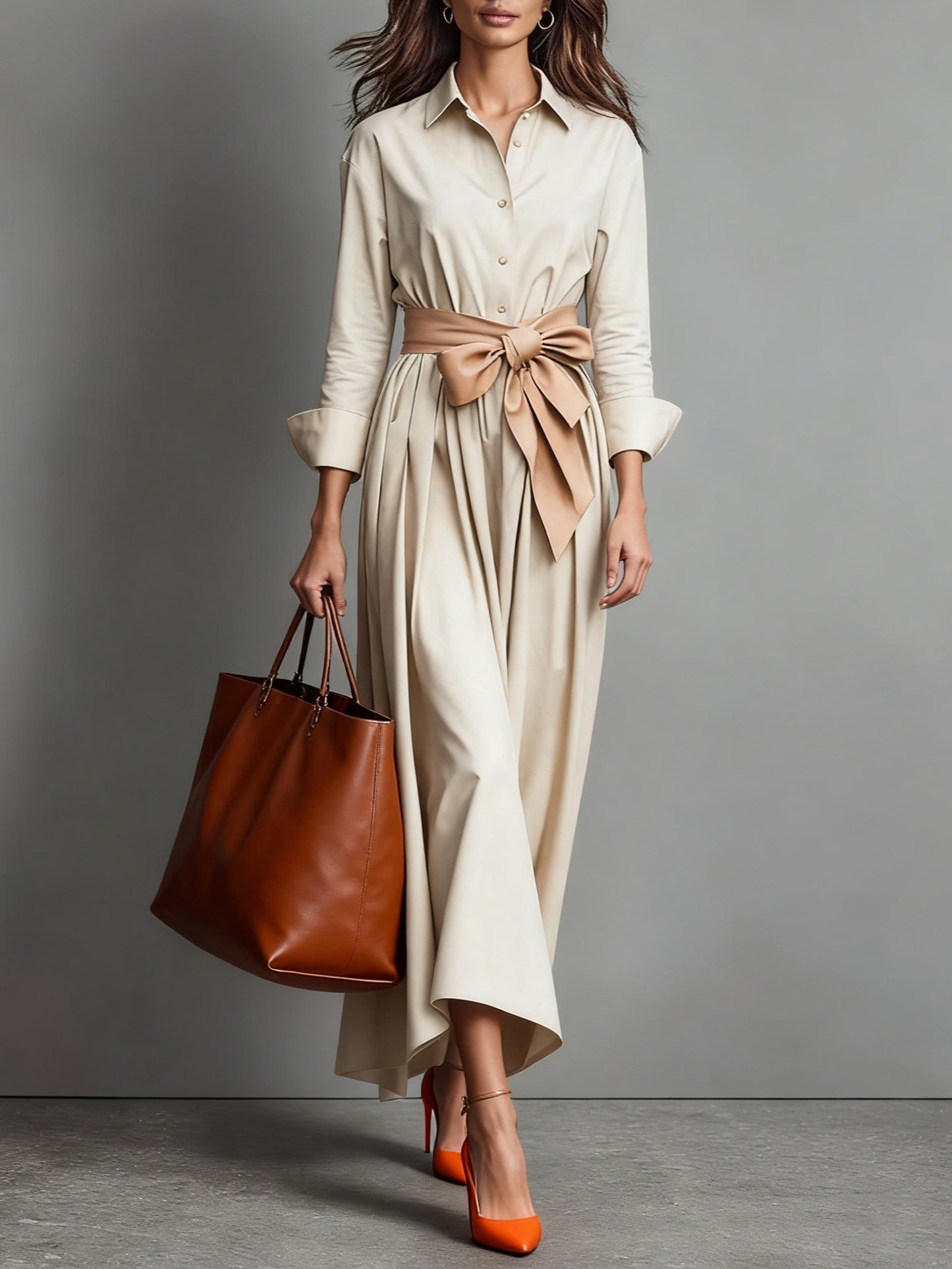 Robe chemise midi avec ceinture pour femme