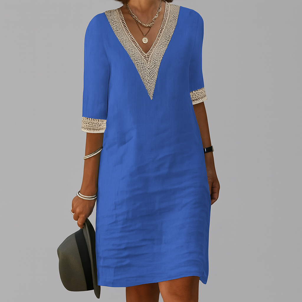 Robe en lin à col en V avec bordures en dentelle