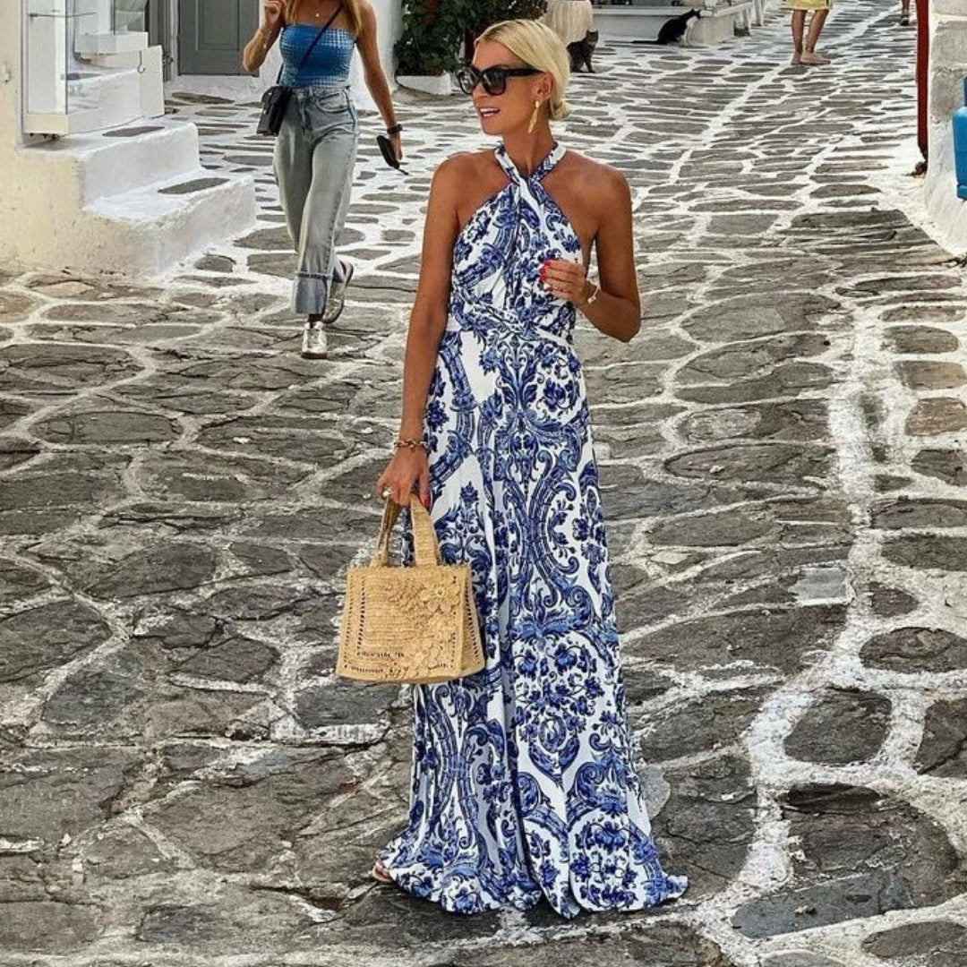 Robe longue à col américain sans manches pour femme
