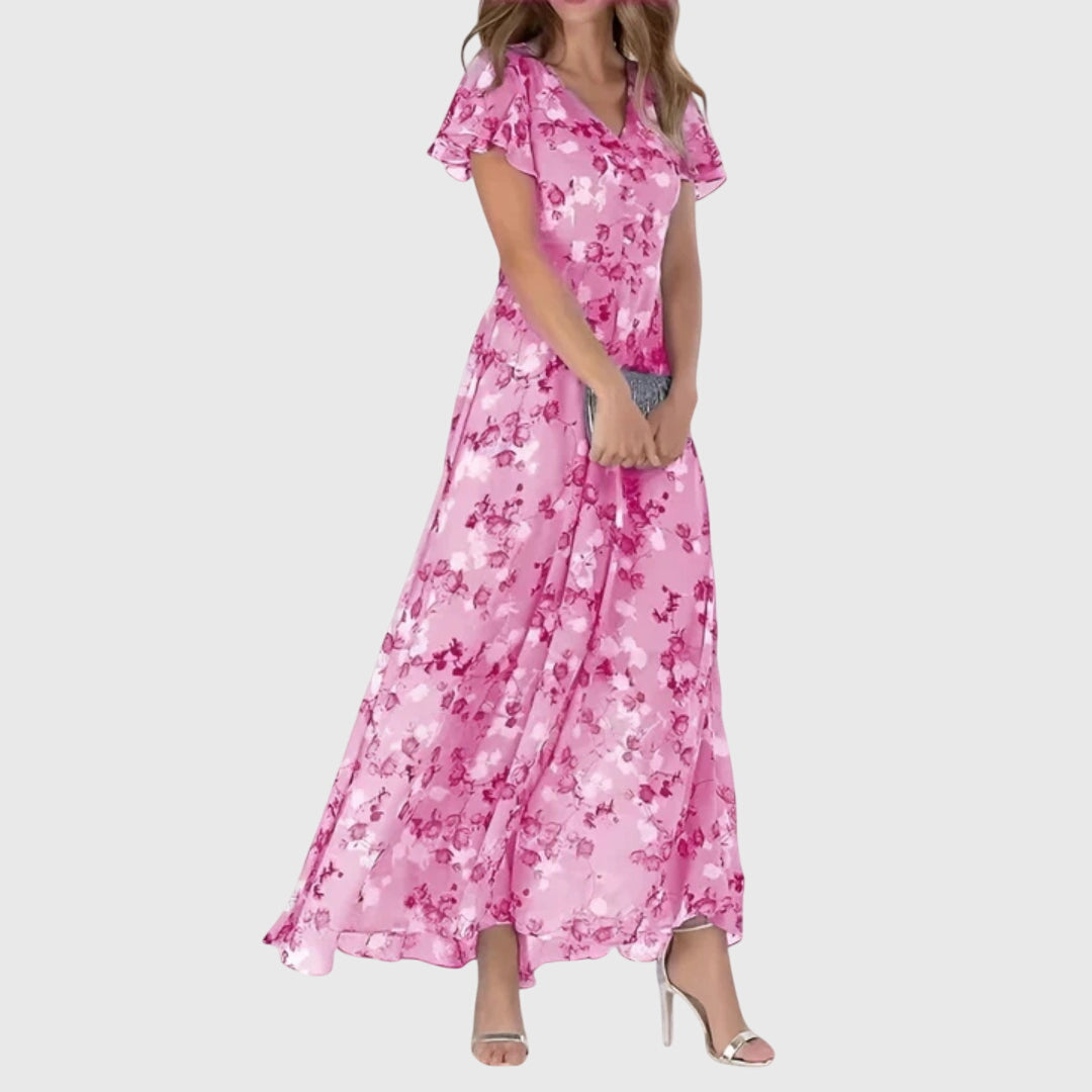Robe longue à fleurs à col en V pour femme