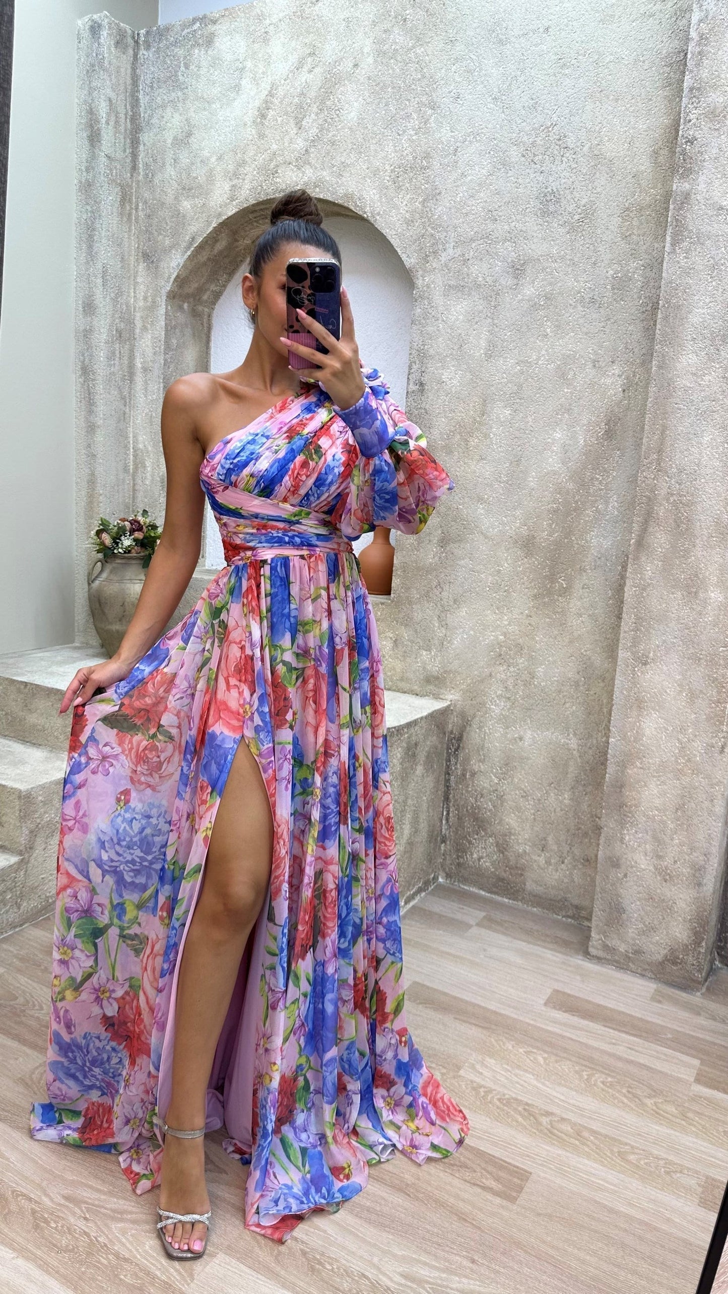 Robe longue à une épaule à fleurs pour femme