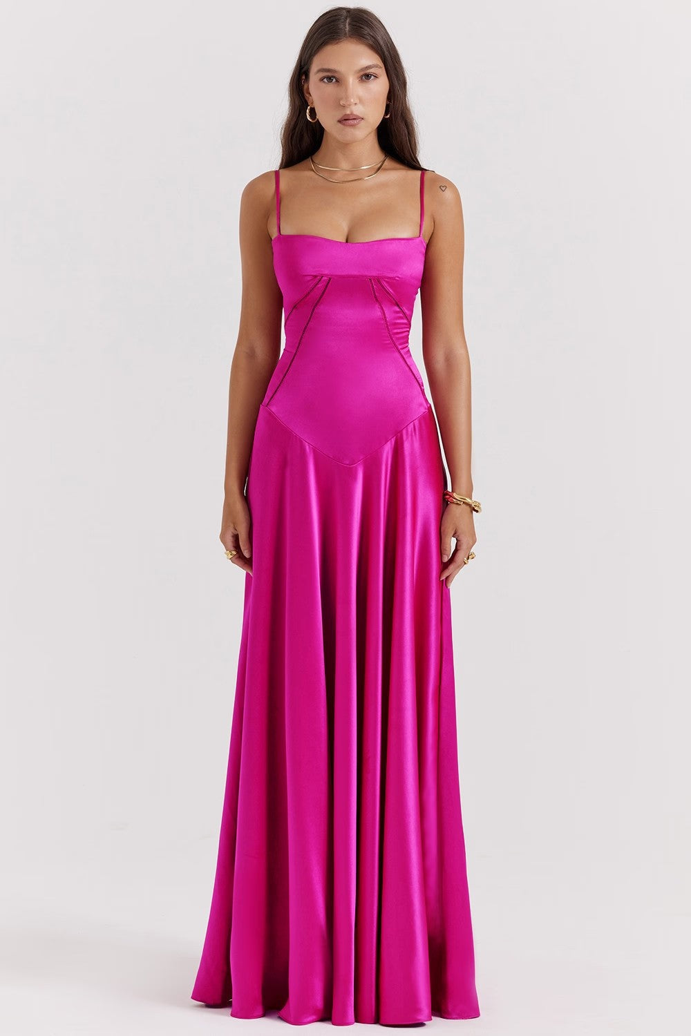 Robe longue élégante femme - effet soyeux - coupe ajustée - bretelles spaghetti