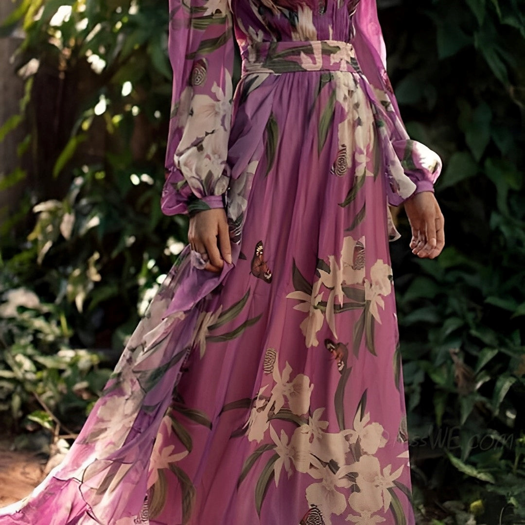 Robe longue fleurie à col en V pour femme