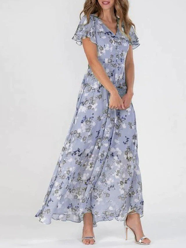 Robe longue fleurie à col en V pour femme