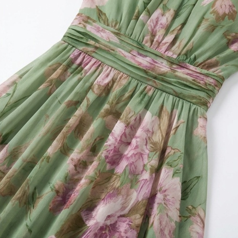 Robe longue fluide d’été vert sauge à fleurs pour femme