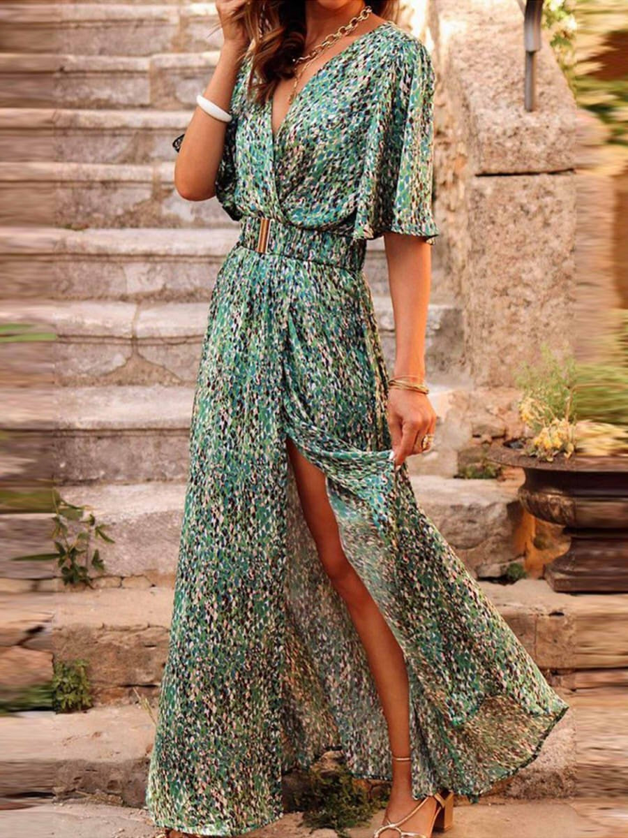 Robe longue imprimée à col en V pour femme