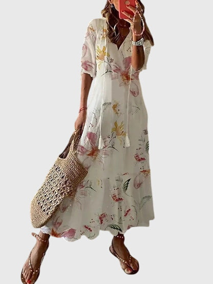 Robe longue imprimée à col en V pour femme