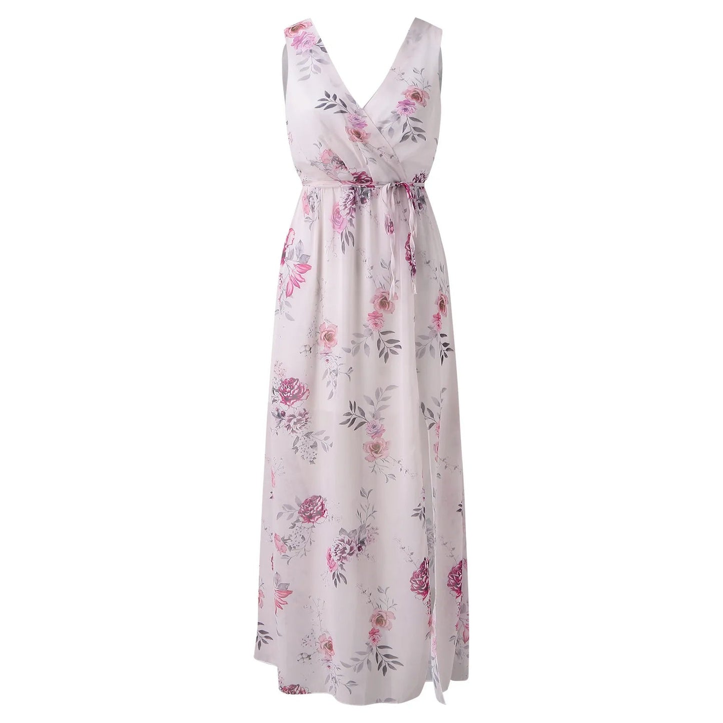 Robe longue portefeuille à fleurs à col en V pour femme