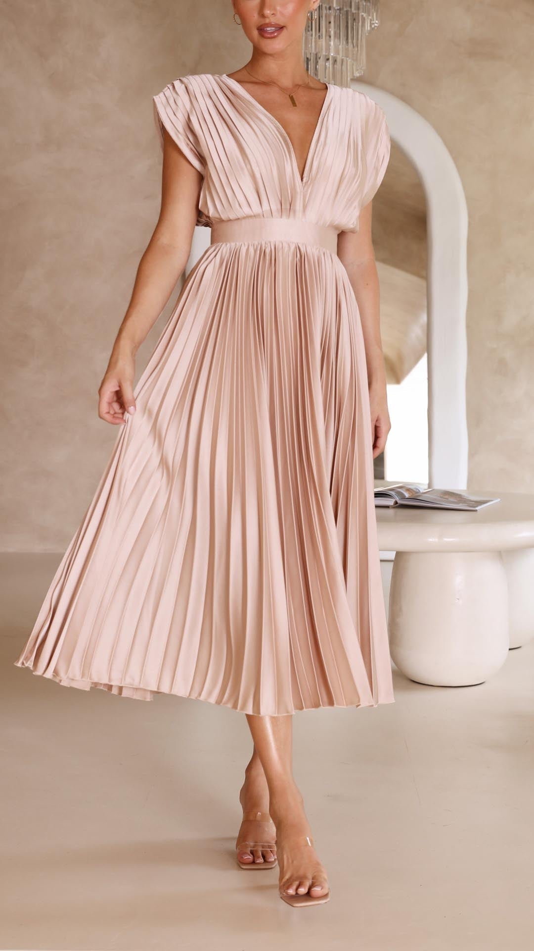 Robe midi cintrée et évasée à col en V pour femme