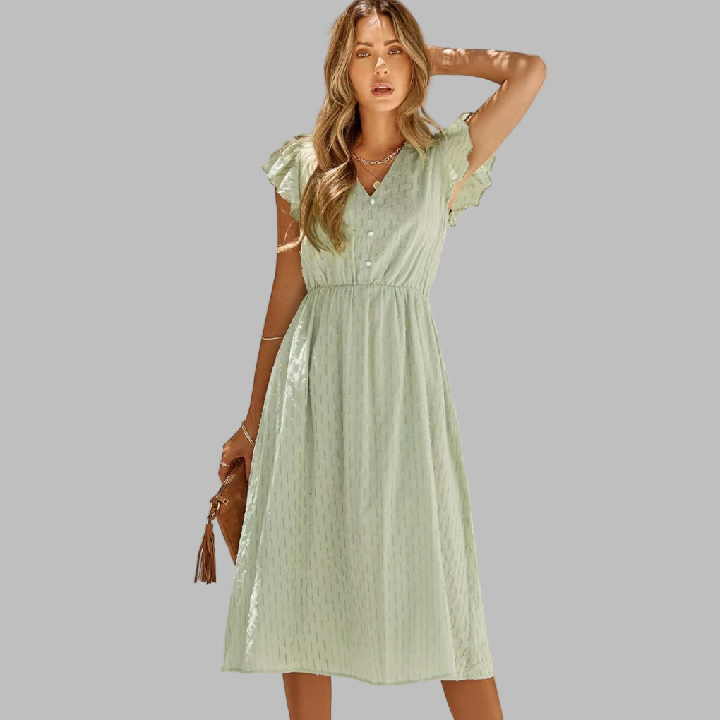 Robe midi fluide à col en V et à volants