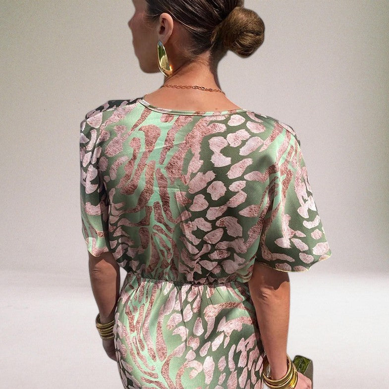 Robe midi imprimée à col en V pour femme