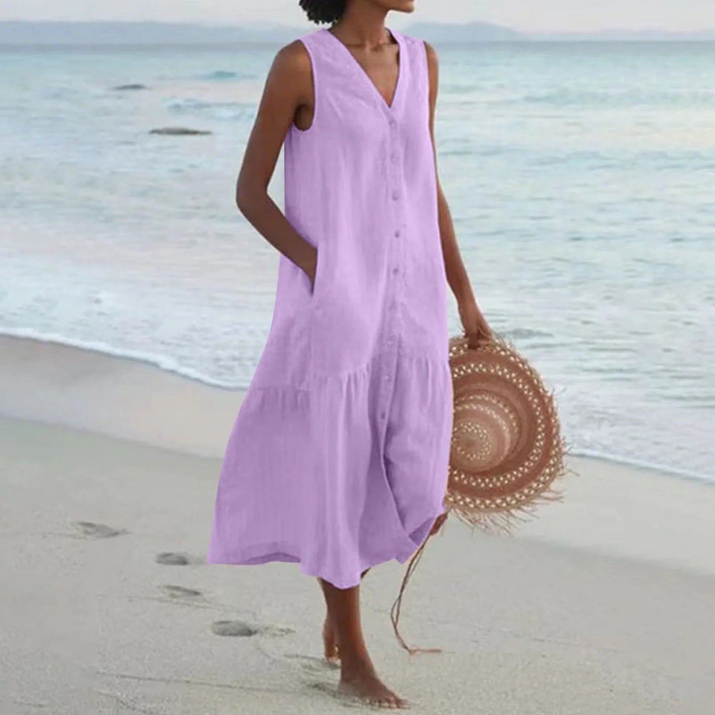 Robe midi sans manches à col en V pour femme
