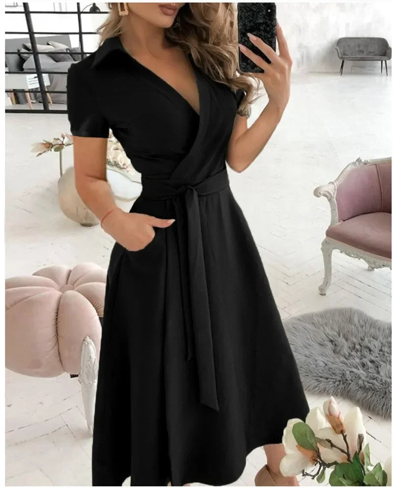 Robe midi trapèze à ceinture à nouer pour femme