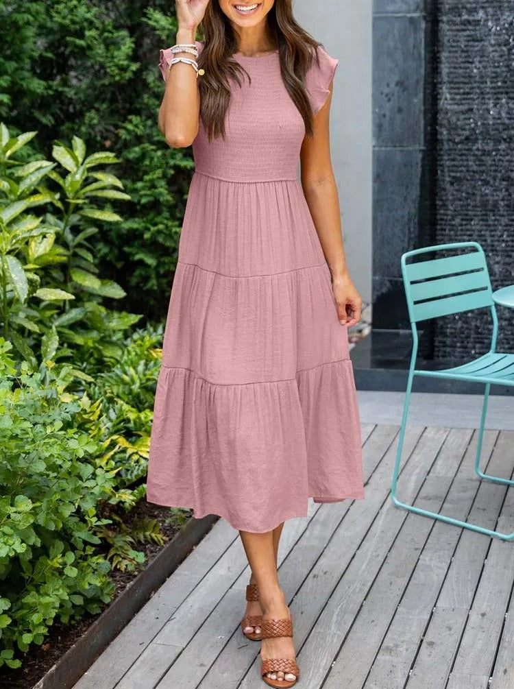 Robe midi trapèze à smocks pour femme
