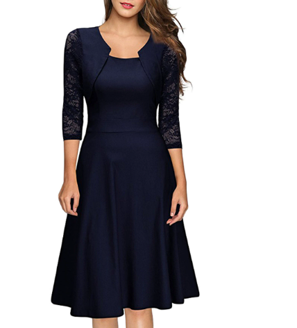 Robe midi trapèze avec dentelle à manches 3/4 pour femme