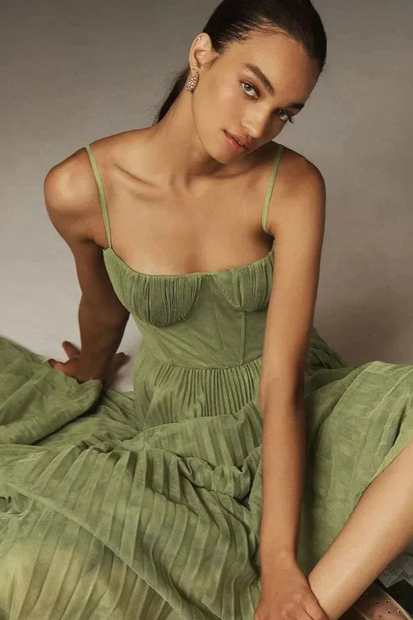 Robe midi trapèze plissée pour femme - corsage bustier - à bretelles spaghetti