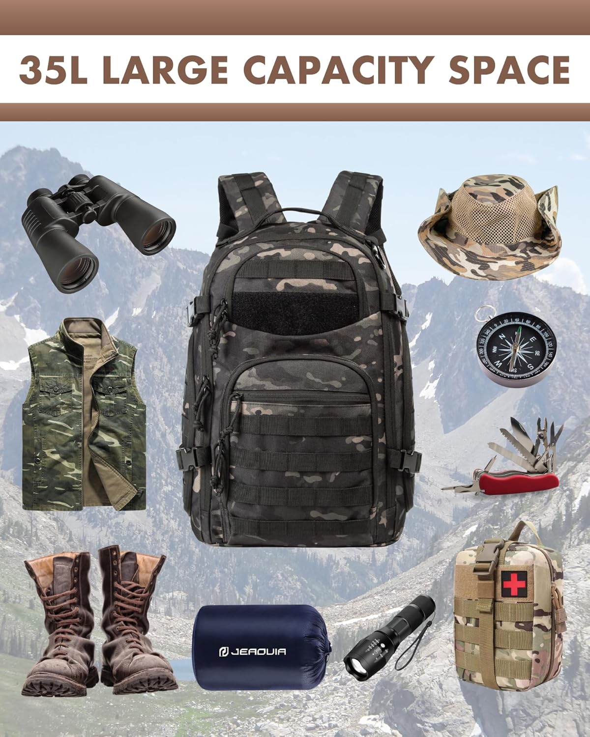 Sac à dos tactique 35 L mixte - système MOLLE et rangement pour ordinateur portable