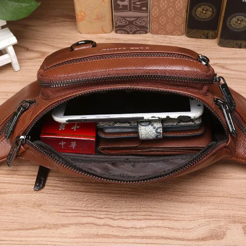 Sac banane en cuir de vachette véritable pour homme – grande capacité, port à la ceinture ou en bandoulière pour le voyage