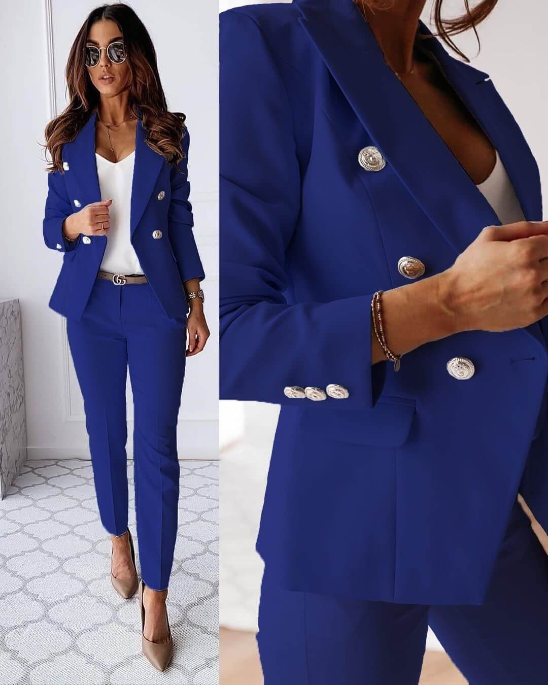 Tailleur pantalon femme deux pièces à double boutonnage