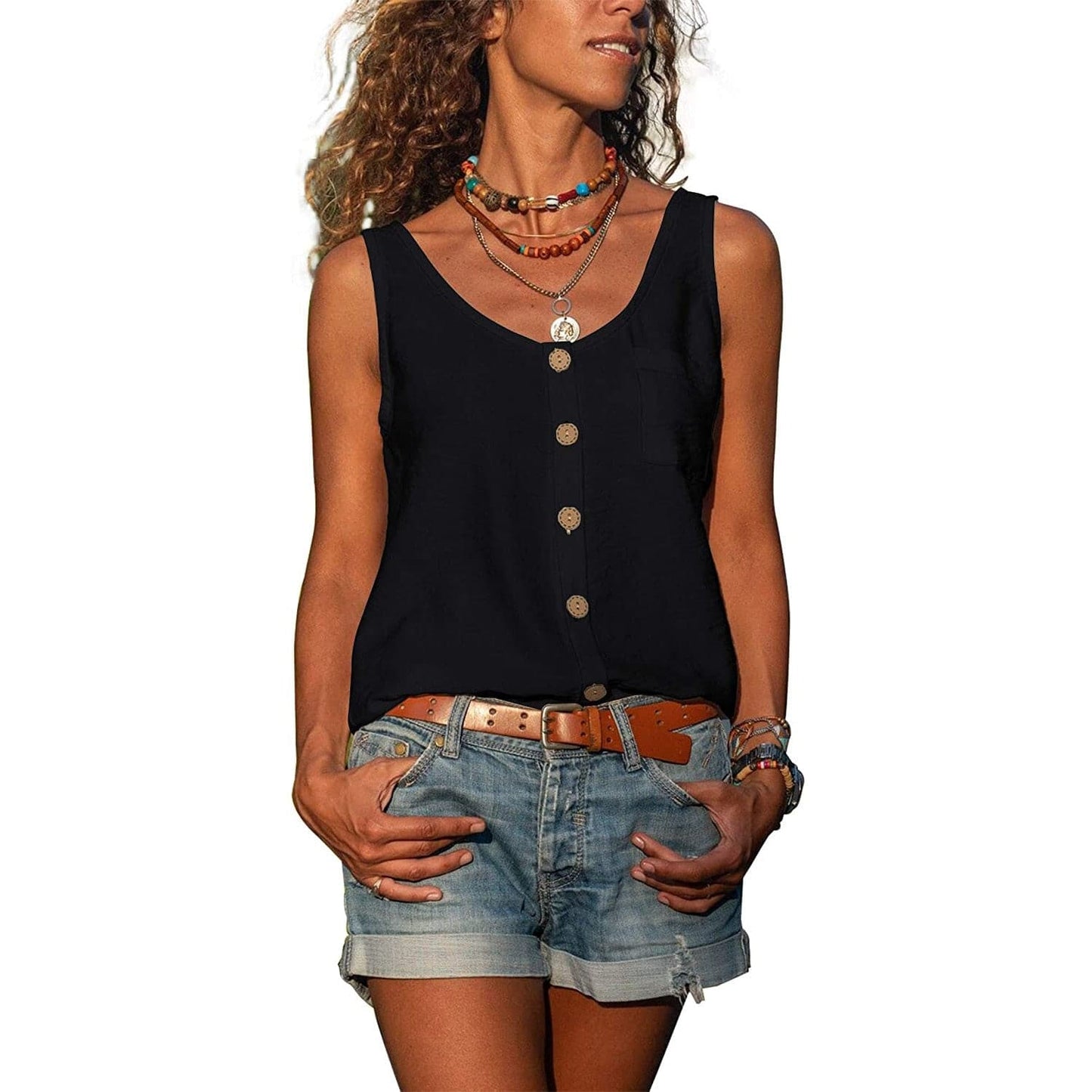 Top sans manches à boutons pour femme