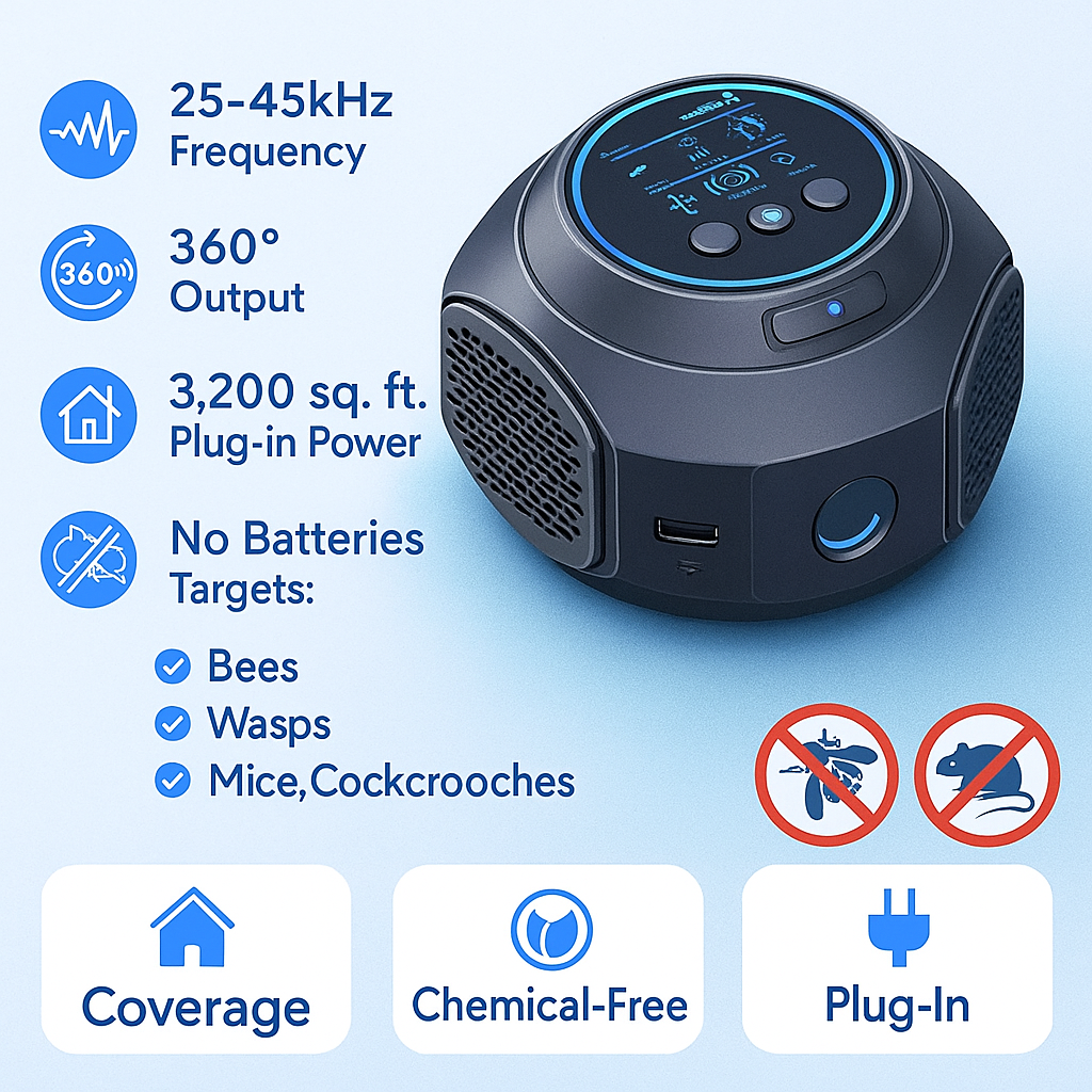 Appareil répulsif ultrasonique pour abeilles et guêpes, sans produits chimiques, couverture à 360° pour la lutte antiparasitaire à la maison et en extérieur