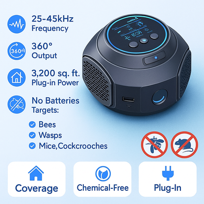 Appareil répulsif ultrasonique pour abeilles et guêpes, sans produits chimiques, couverture à 360° pour la lutte antiparasitaire à la maison et en extérieur