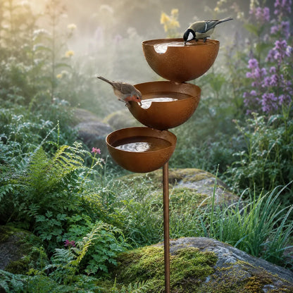 Bain d’oiseaux en cascade à 3 niveaux sur piquet de jardin avec coupes récupératrices de pluie