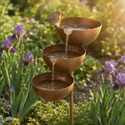 Bain d’oiseaux en cascade à 3 niveaux sur piquet de jardin avec coupes récupératrices de pluie